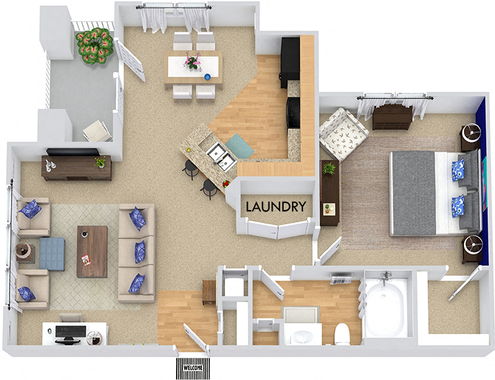 Floor plan for 1 bed, 1 bath, 761 sqft